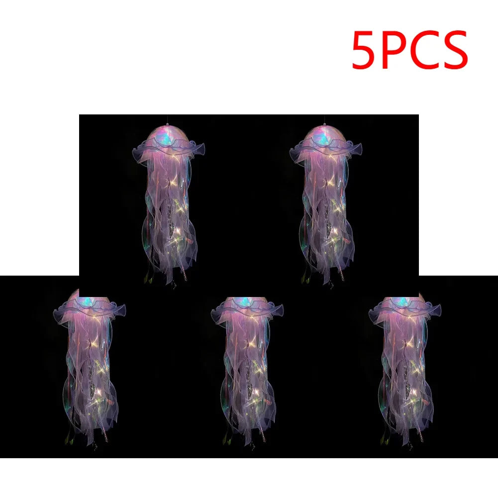 5PCS Jellyfish Bedroom Night Light Lamp Button Battery Hanging Atmosphere Decoration Lamp with Ribbon&Bead for Girl Bedroom 2024