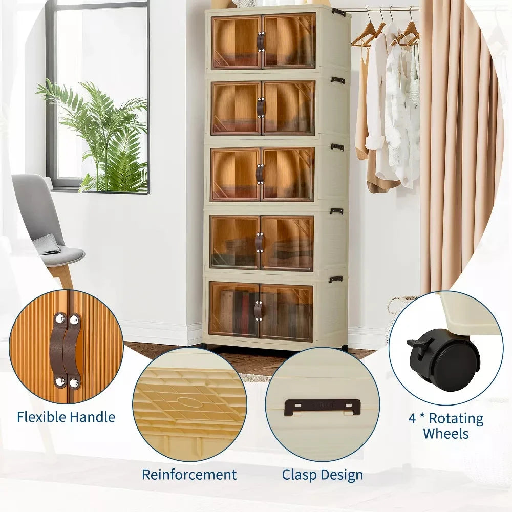 Storage Organiser,5 Tier Stackable Clothes Storage Boxes with Wheels,Folding Drawers for Clothes, Cupboard Organiser for Bedroom