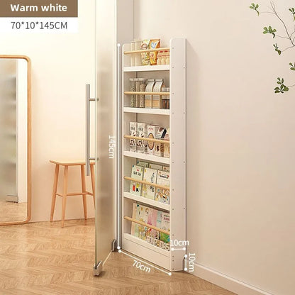 Solid wood bookshelf, floor standing wall mounted multi-layer storage rack, household bookshelf, thin bookshelf behind the door