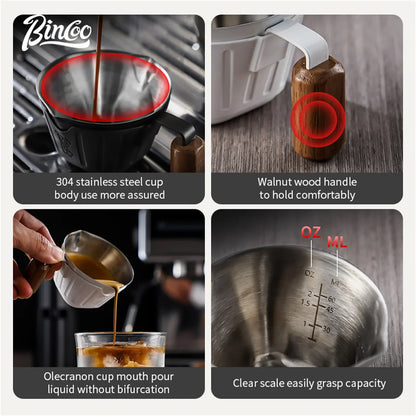Bincoo Professional Espresso Measuring Cup, 90ml Dual Spout with Wood Handle and ml/oz Scales for Barista-Level Control