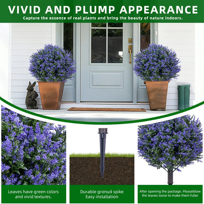 2PCS Artificial Bushes Oak Violet Ball Topiary with Peak Soil UV Resistant Ornamental Plants for Garden Terrace Balcony Decor