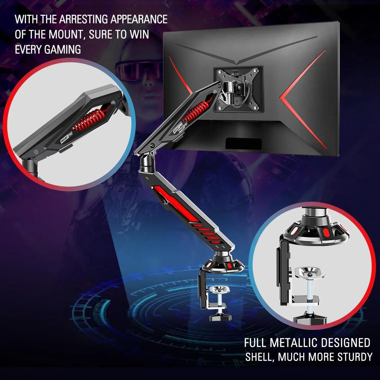 Adjustable Gaming Monitor Arm with Mechanical Spring, C Clamp & Grommet Base for Screens up to 32", VESA Compatible