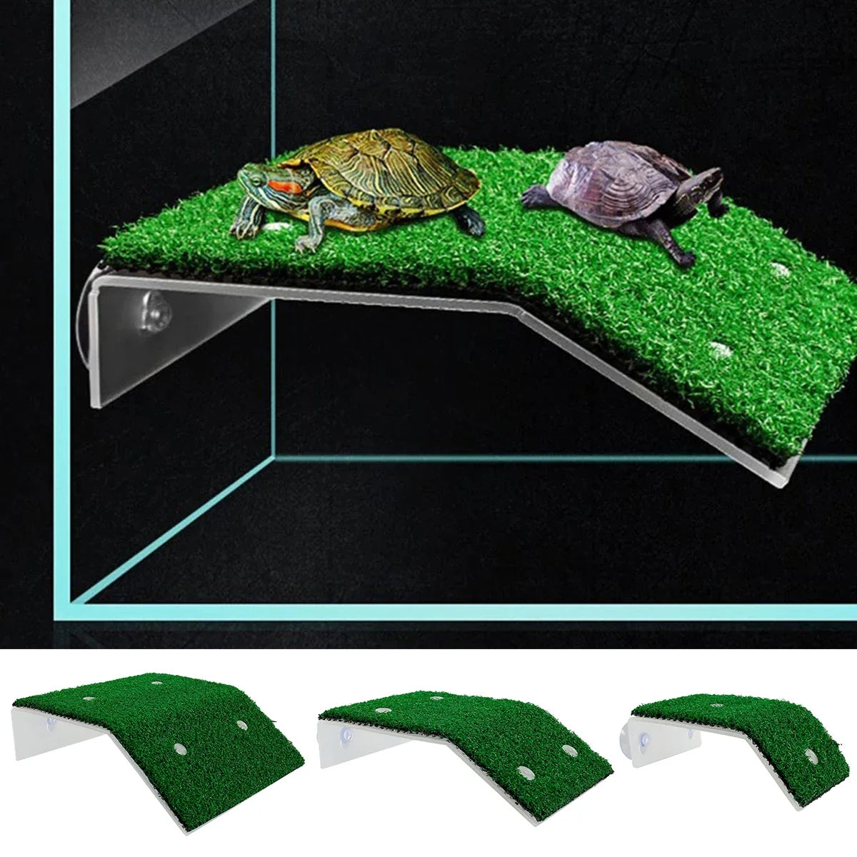 Fish Tank Lawn Turtle Basking Platform Turtle Climbing Platform with Suction Cup Simulation Turf Turtle Ramp Ladder for Aquarium