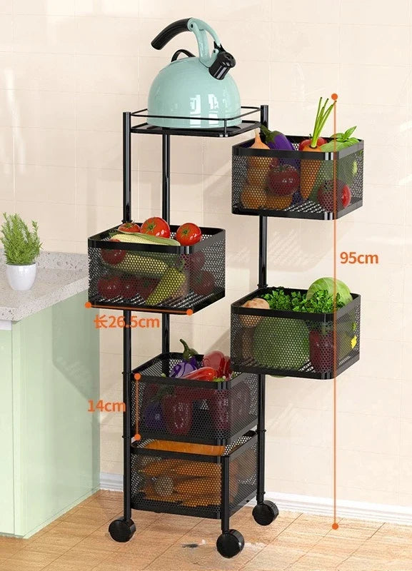 Kitchen Organizer Trolley Cart Rolling Foldable Portable Storage Multi Tier Round Fruit Vegetable Shelf No Assembly Furniture