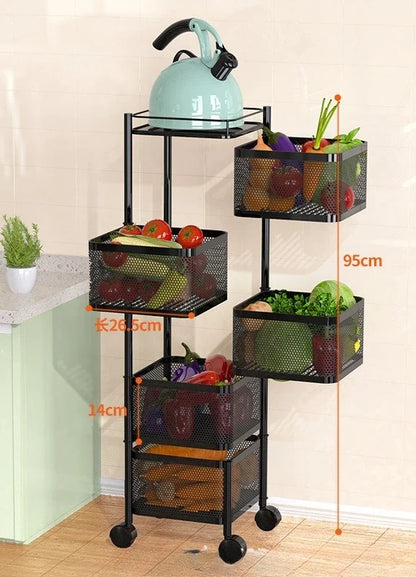 Kitchen Organizer Trolley Cart Rolling Foldable Portable Storage Multi Tier Round Fruit Vegetable Shelf No Assembly Furniture