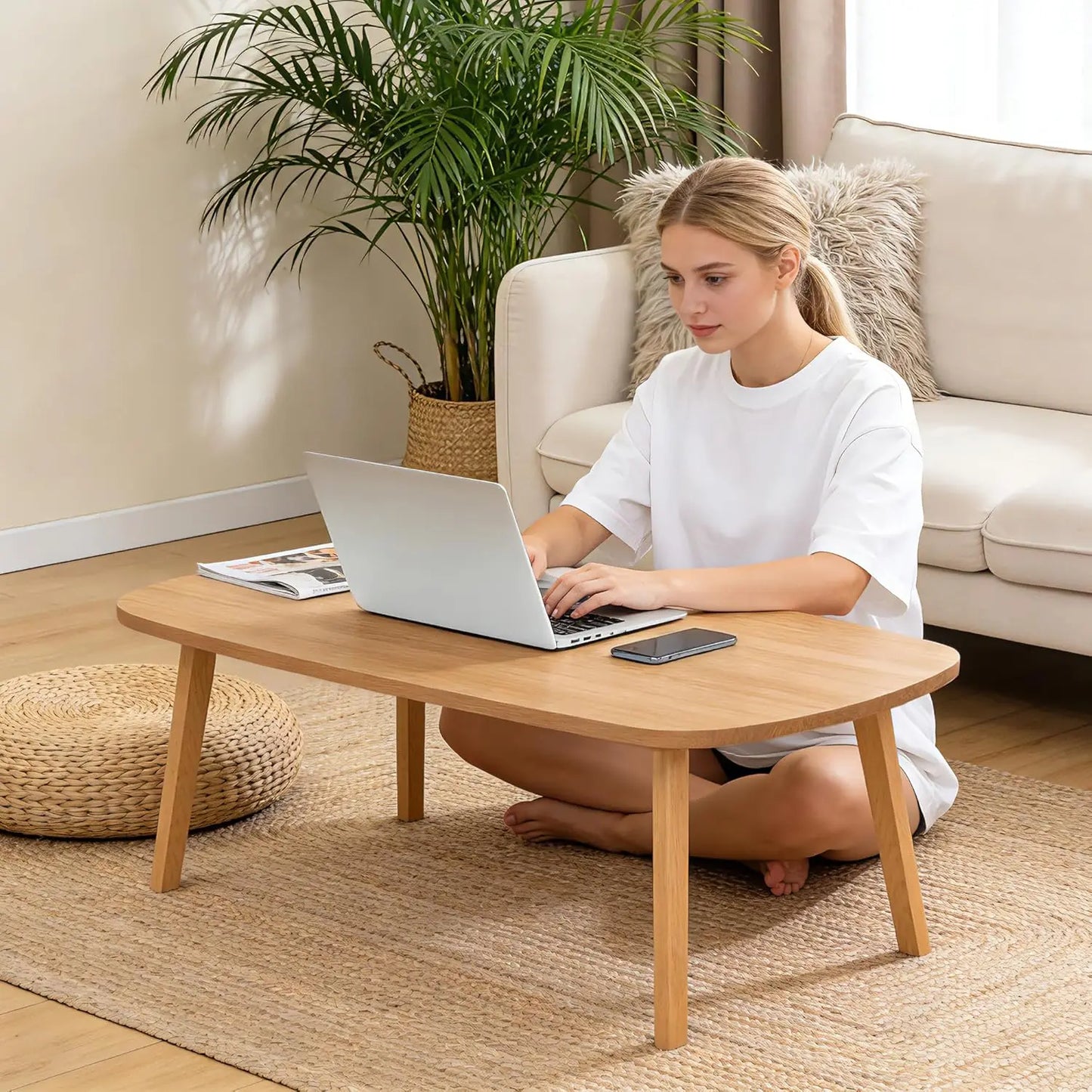 Rectangular Wooden Foldable Coffee Sofa Table Tatami Tea Table with Folding Legs Portable Laptop Desk for Home Office Balcony