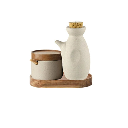 JUSTINLAU Ceramic Seasoning Jar Japanese Spice Container with Bamboo Lid Spoon Home Oil Pot Seasoning Bottle Tray Kitchen Tools