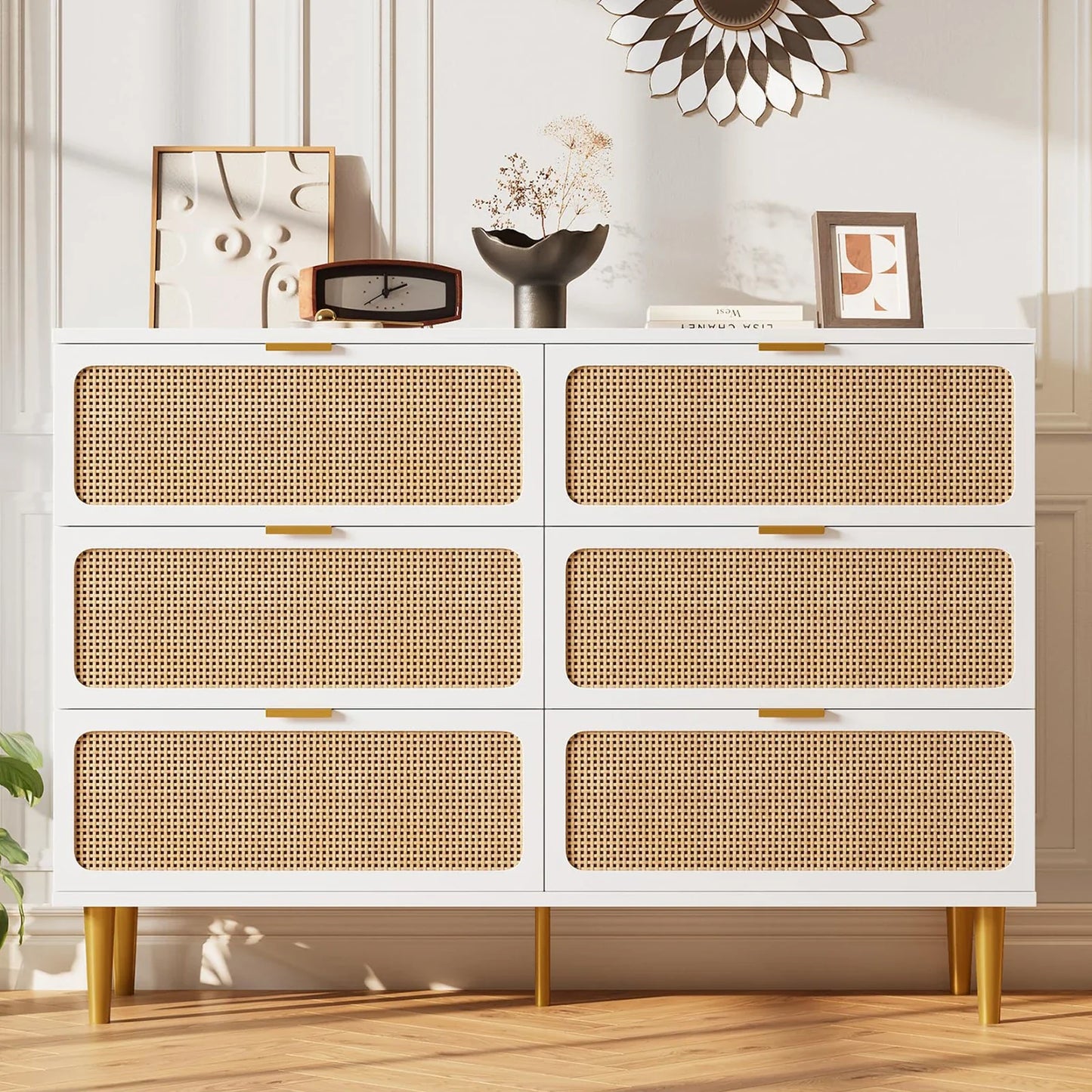 6-Drawer Rattan Dresser, Natural Hand-Woven Rattan & Wood Large Storage Dresser With Deep Drawers For Bedroom Living Room