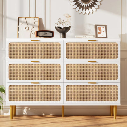 6-Drawer Rattan Dresser, Natural Hand-Woven Rattan & Wood Large Storage Dresser With Deep Drawers For Bedroom Living Room