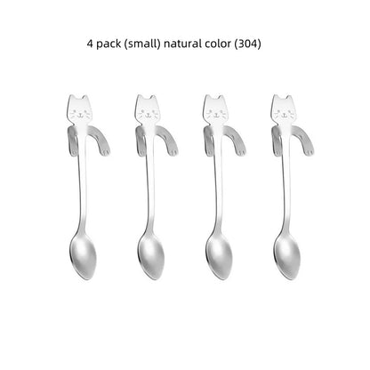 2/4PCS Set 304 Stainless Steel Cat Spoon Creative Cartoon Hanging Edge Spoon Cute Coffee Spoon Gold-plated Stirring Spoon