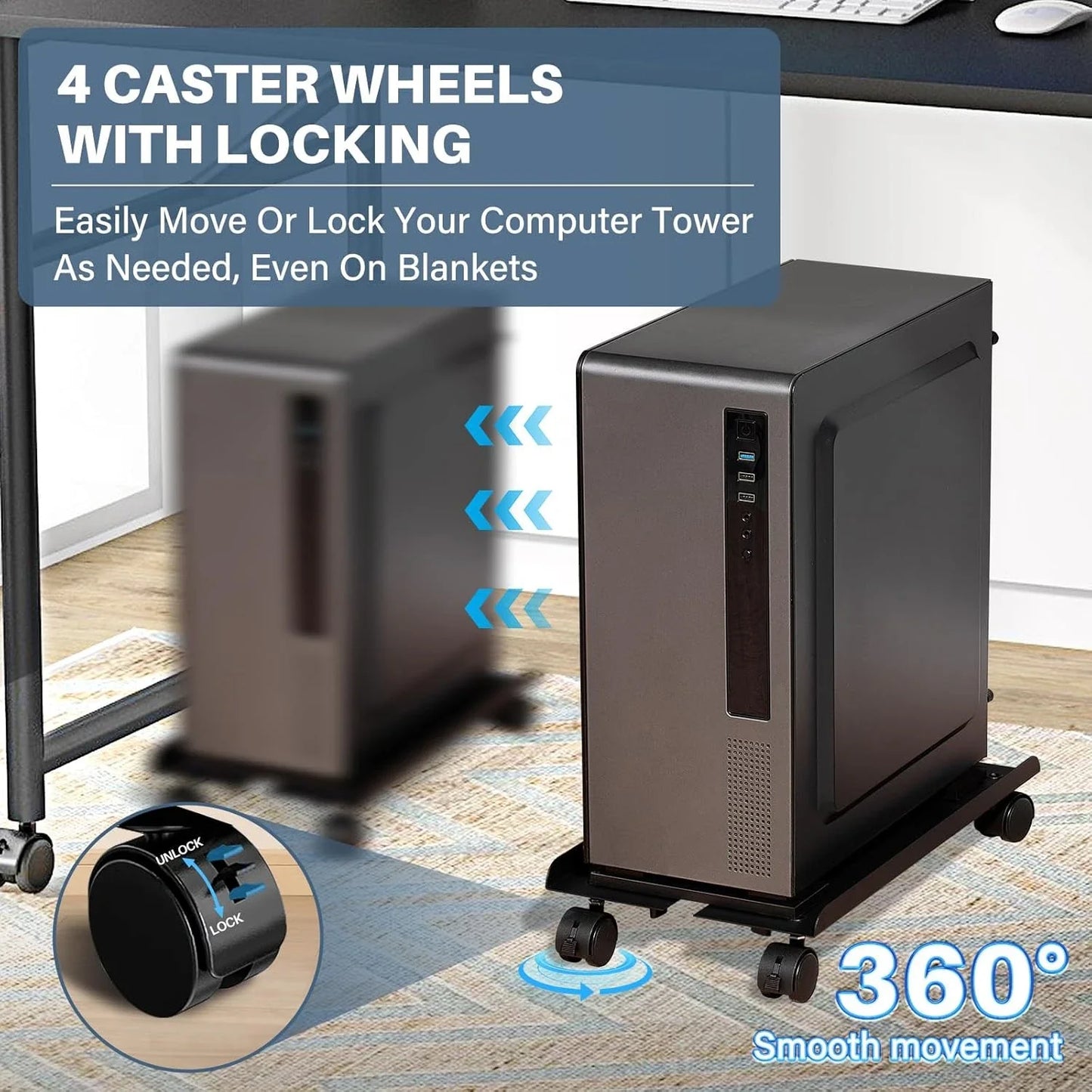 Adjustable Metal Computer Tower Stand, PC Floor Stand with 4 Caster Wheels Fits Most PC, Under Desk CPU Holder PC Floor Cart