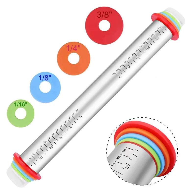 17inch Rolling Pin and Pastry Baking Mat Set Stainless Steel Rolling Pins with Adjustable Thickness Rings for Baking YY173