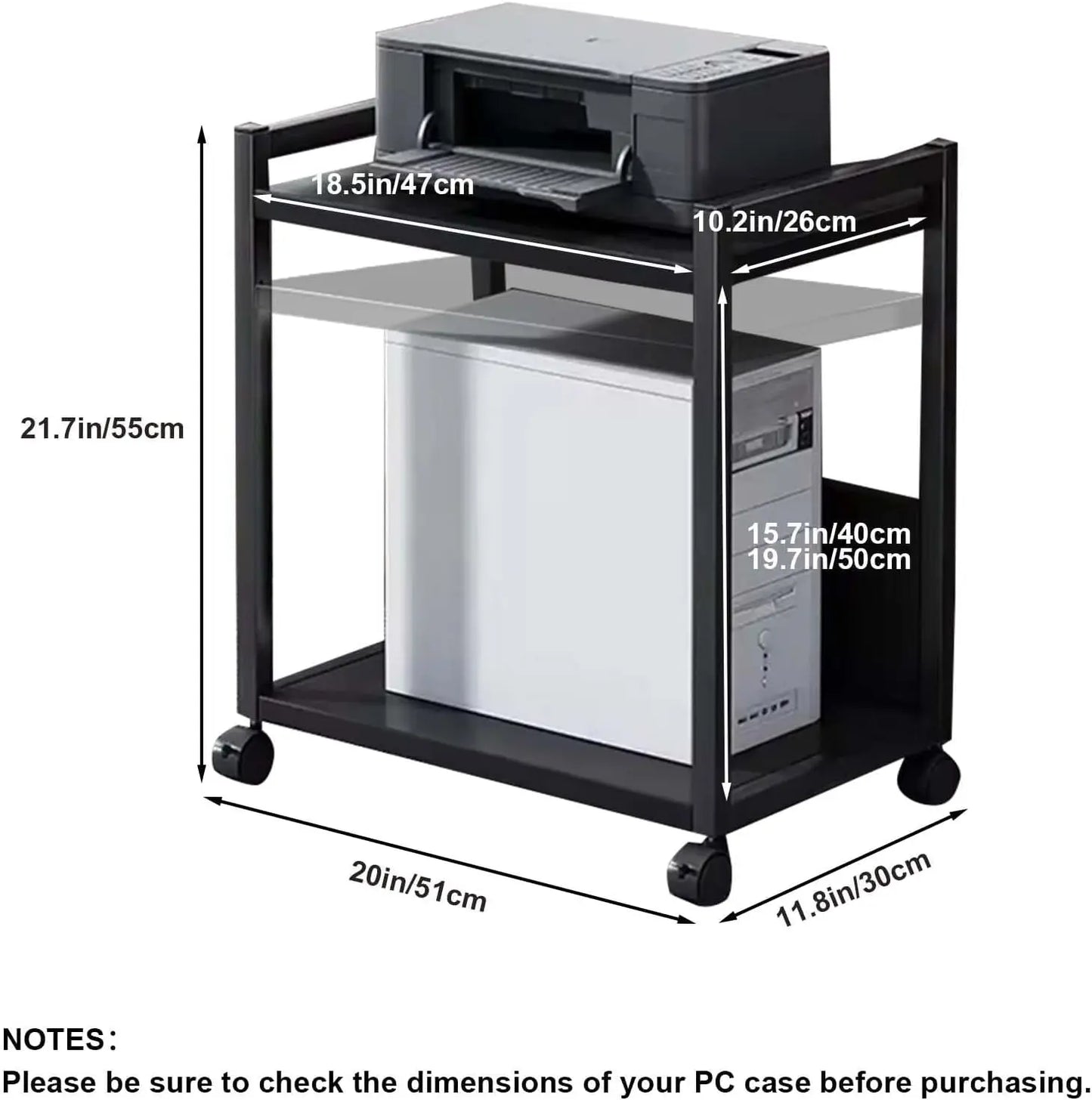 2-Tier Computer Tower Stand with Locking Wheels,Height Adjustable Printer Table Rolling Shelf CPU Holder Cart for Home Office