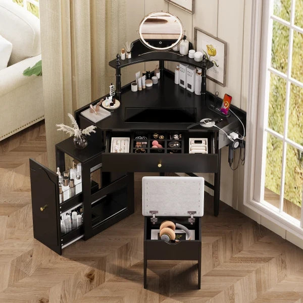 Vanity Desk Set with Storage Cushioned Stool and Charging Station, Triangle Makeup Desk with