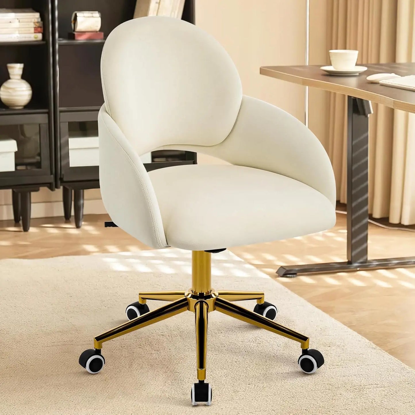 Vanity Chair with Back, Cute Office Desk Chair with Wheels for Girls, Upholstered Armless Accent Chair with Gold Metal Height