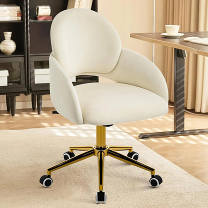 Vanity Chair with Back, Cute Office Desk Chair with Wheels for Girls, Upholstered Armless Accent Chair with Gold Metal Height