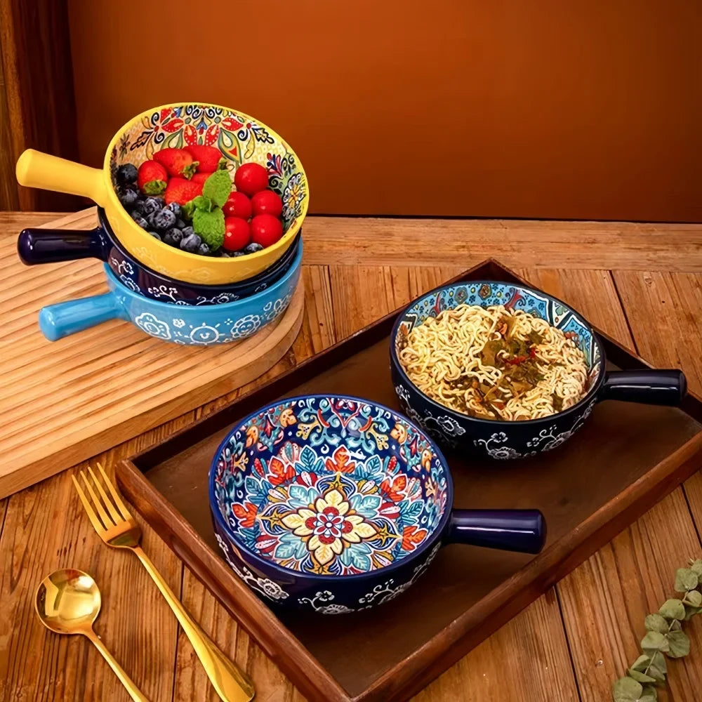 Bohemian Ceramic Hand-Painted Embossed Patterned Salad Bowl with Handle Kitchen Bakeware Microwave & Oven Safe 1 pc