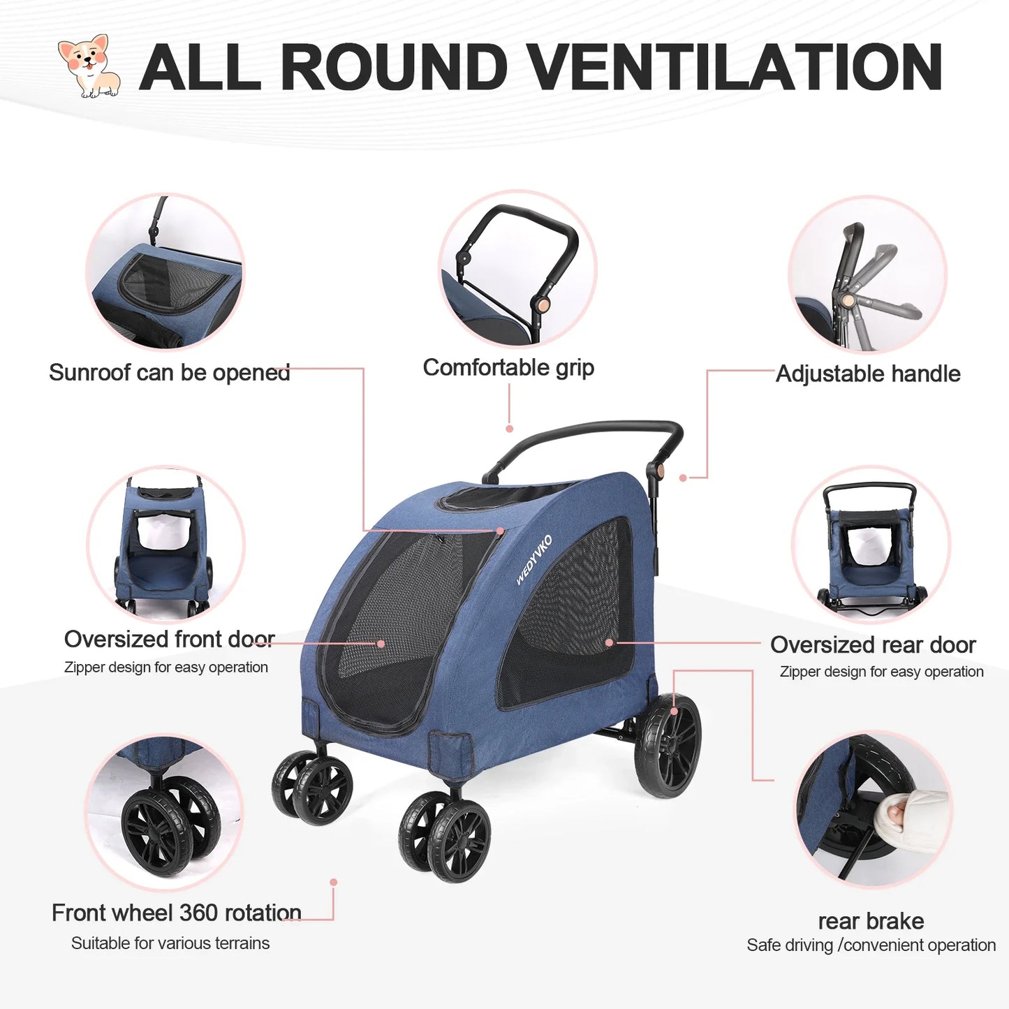 Heavy Duty Dog Stroller for Large Dogs up to 120 lbs, Foldable Pet Wagon with 360° Wheels, All-Round Ventilation, Front & Rear Z