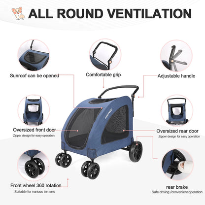 Heavy Duty Dog Stroller for Large Dogs up to 120 lbs, Foldable Pet Wagon with 360° Wheels, All-Round Ventilation, Front & Rear Z