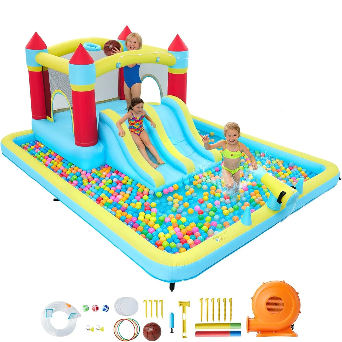 15x11FT Inflatable Bounce House With 450W Blower 7-In-1 Wet Dry Water Slide Kids Jumping Castle For Indoor Outdoor Backyard