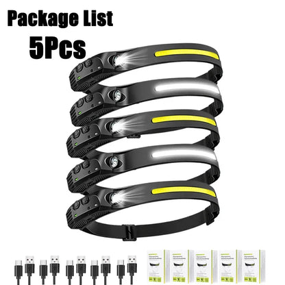 Sensor Headlamp USB Rechargeable LED Flashlight XPE+COB Torch Camping Waterproof Headlight for Fishing Lantern 1/2/3/4/5/8/10PCS