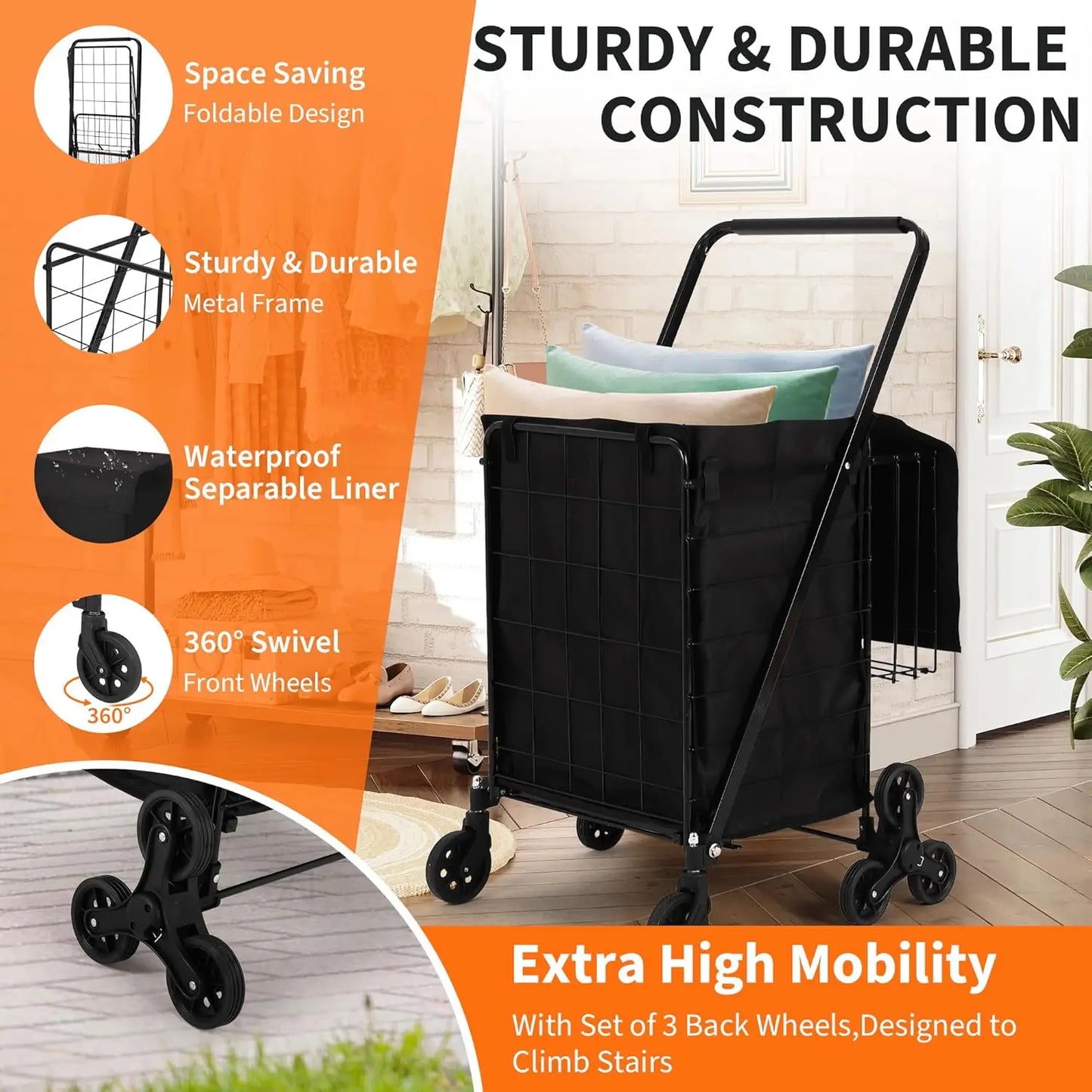 Portable Collapsible Folding Utility Cart Stair Climbing Grocery Cart Featuring Rear Tri-Wheels 360° Swivel Wheels for Grocery