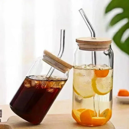 350ml/550ml Glass Cup Cola Cold Drink Water Cup with Bamboo Lid Coffee Milk Juice Straw Mug Beer Can Drink Home Breakfast Cup