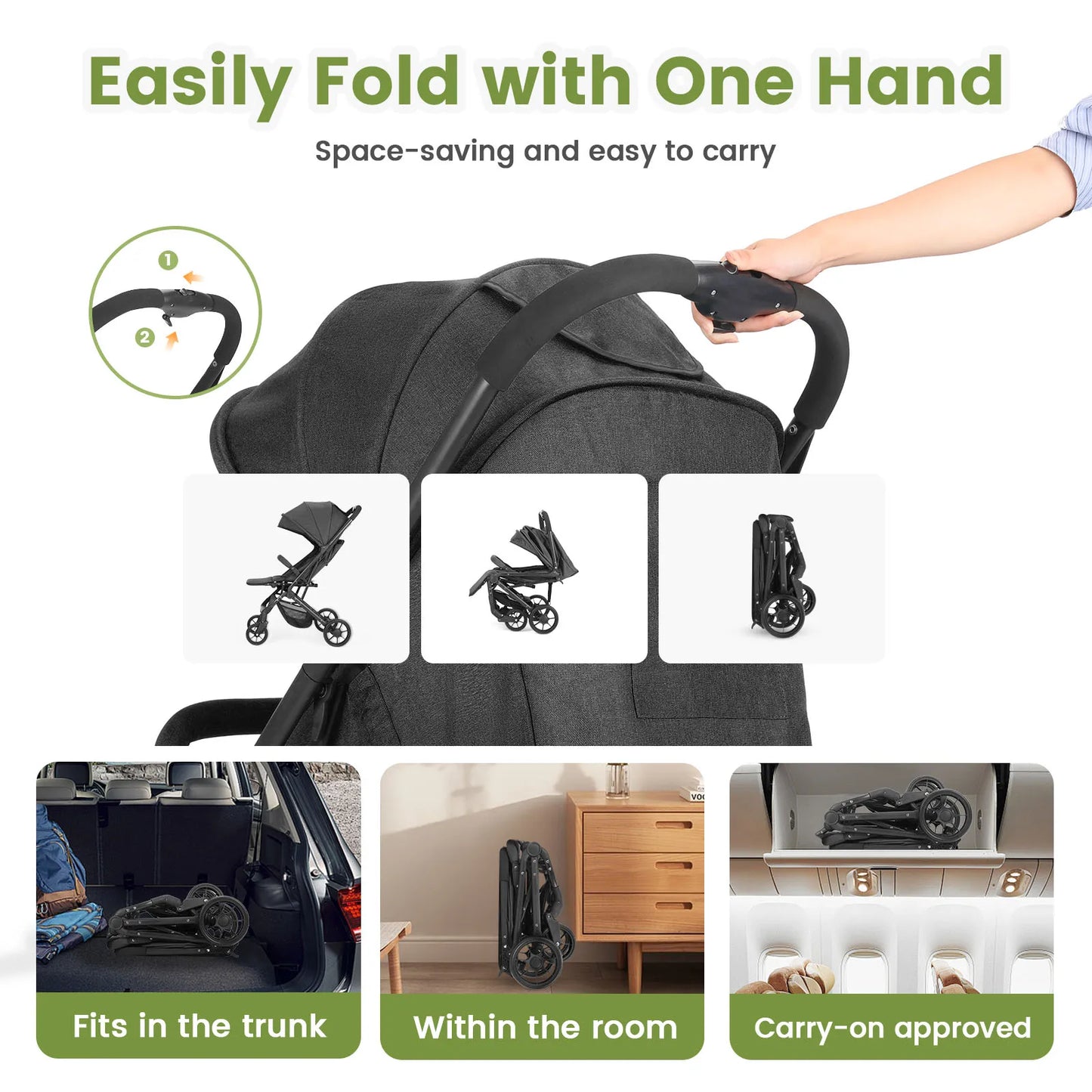 Lightweight Stroller, One-Hand Fold Compact Travel Stroller with 4-Wheel Suspension, Adjustable Recline & Canopy