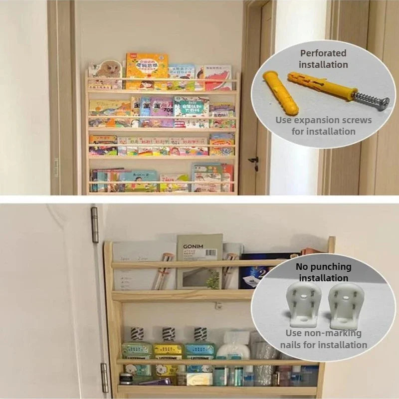 Solid wood bookshelf, floor standing wall mounted multi-layer storage rack, household bookshelf, thin bookshelf behind the door