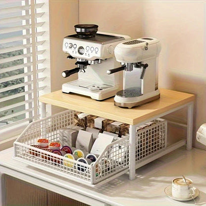 Space-Saving Kitchen Countertop Organizer with Drawer & Wire Basket - for Coffee Maker, Utensils, Spices