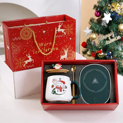 Christmas Gift New Year Set:55 ℃ Thermostat Mugs Cup Snowman Ceramic Cup with Lid with Spoon Mugs Coffee Cups for Home or Office