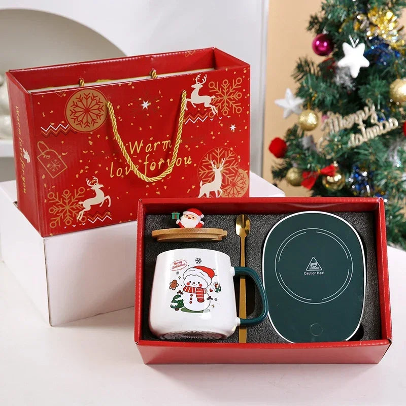 Christmas Gift New Year Set:55 ℃ Thermostat Mugs Cup Santa Claus Ceramic Cup with Lid Spoon Mugs Coffee Cups for Office or Home