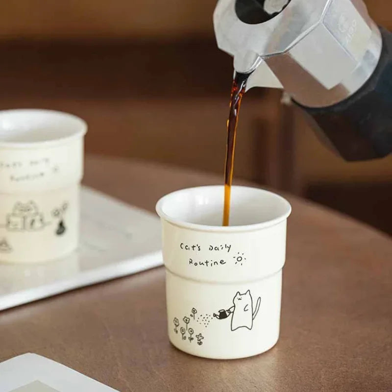 225ml Cat Pattern Coffee Mug Simple Kitten Life Illustration Water Cup Breakfast Milk Cup Home Office Afternoon Tea Cup Gift Mug
