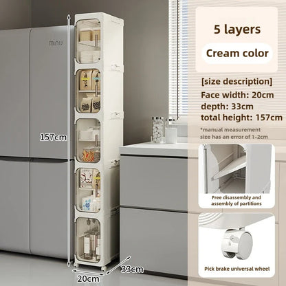 Household bathroom narrow seam storage cabinet, multifunctional foldable with wheels, dust-proof and crevice storage cabinet