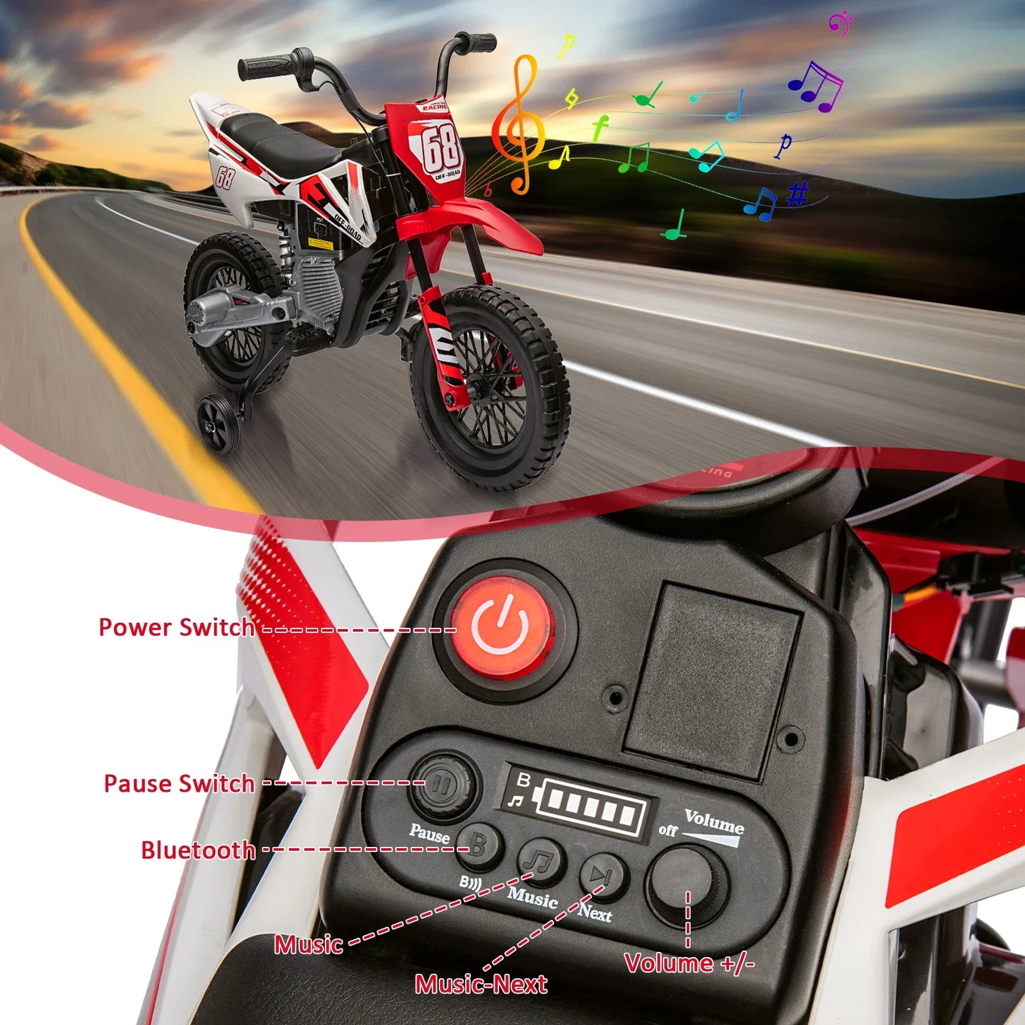 12V Electric Dirt Bike Kids Ride on Motorcycle for Toddlers with Traning Wheels Twist Grip Throttle 3Mph Max Speed and Music