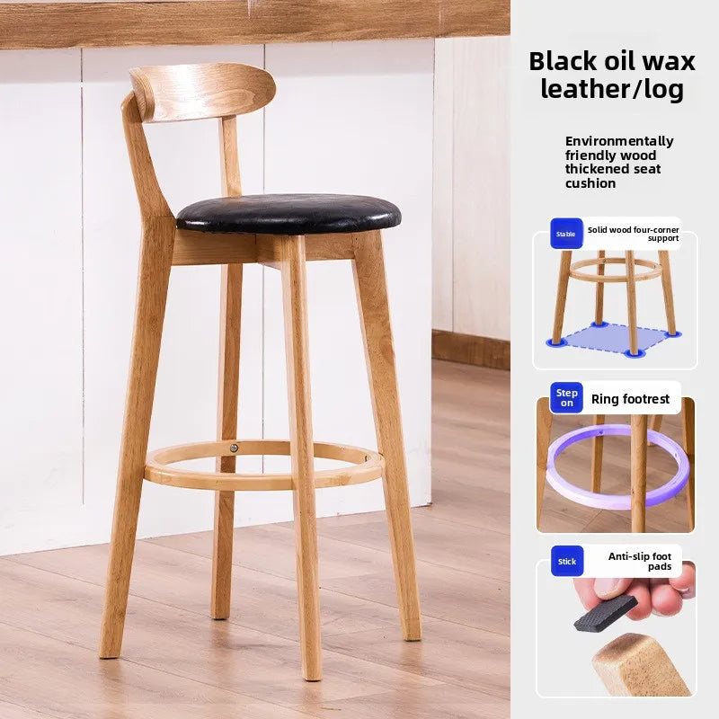 Solid Wood High Back Bar Stool Counter Height Modern Minimalist Home Bar Kitchen Island Seating Sillas Para Barra Bar Chair