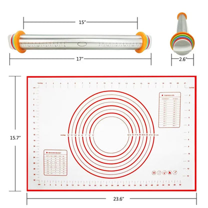 17inch Rolling Pin and Pastry Baking Mat Set Stainless Steel Rolling Pins with Adjustable Thickness Rings for Baking YY173