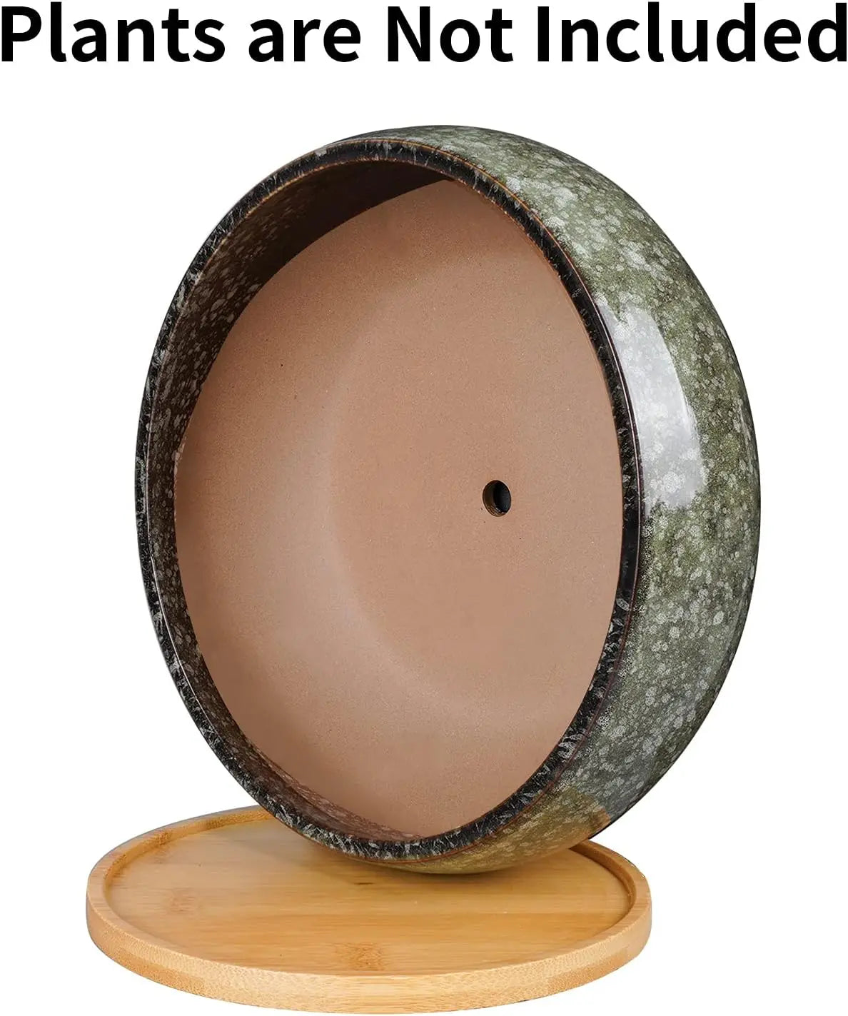 8 Inch Glazed Ceramic Bonsai Pot with Drainage Hole and Bamboo Saucer for Succulents, Indoor Plants