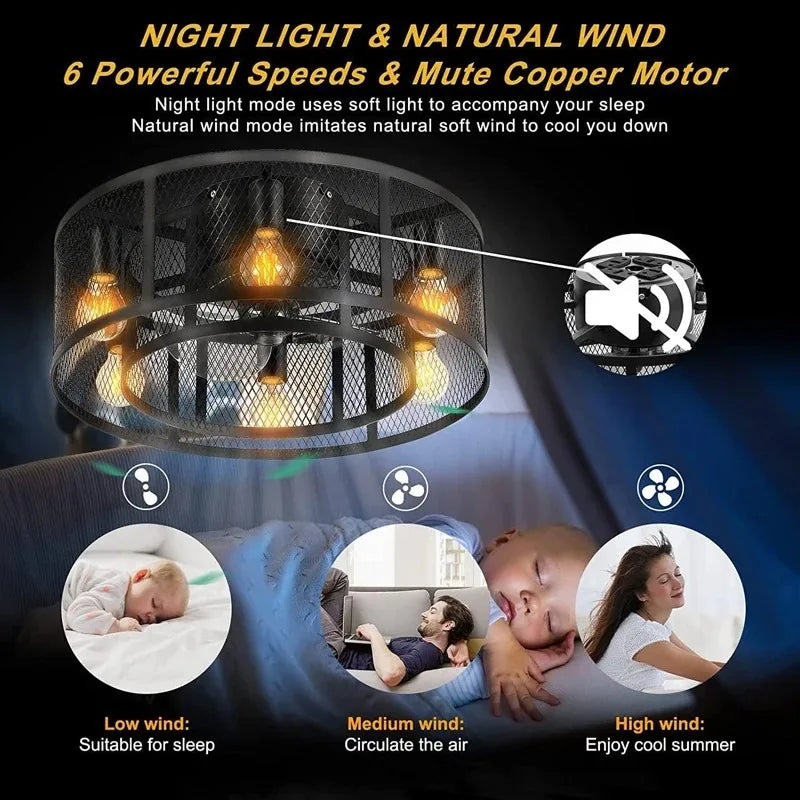 Reversible 6 Speed  Ceiling Fan Lights with Remote Control Black Cage Flush Mount Fandelier Rustic Farmhouse Lighting