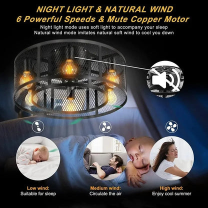 Reversible 6 Speed  Ceiling Fan Lights with Remote Control Black Cage Flush Mount Fandelier Rustic Farmhouse Lighting