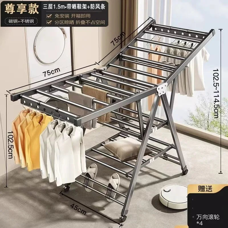 Folding clothes rack home movable balcony bedroom clothes rack clothes rod telescopic clothes rack