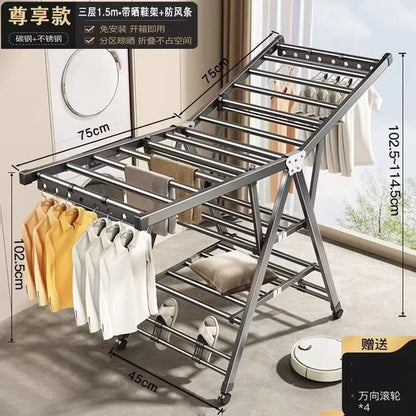 Folding clothes rack home movable balcony bedroom clothes rack clothes rod telescopic clothes rack