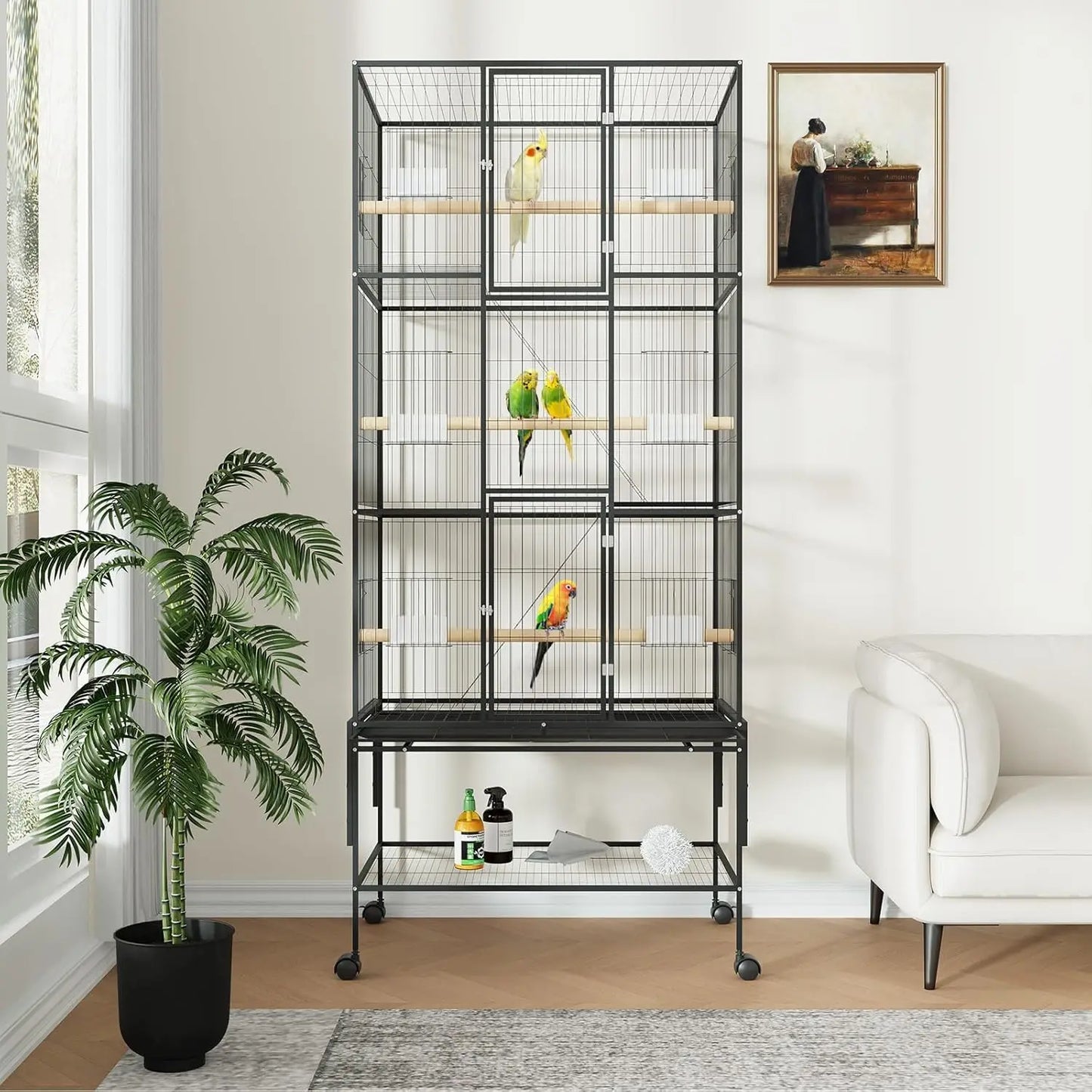 69-Inch Extra Large Rolling Bird Cage for Parrots and Cockatiels Flight Cage with Storage Shelf,Feed Bowls & Wood Perches