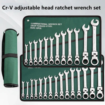 Ratchet Combination Wrench Set 6-32mm Gear Ring Ratcheting Combination Wrench Kit Metric Flexible Head with Canvas Bag Tools Set