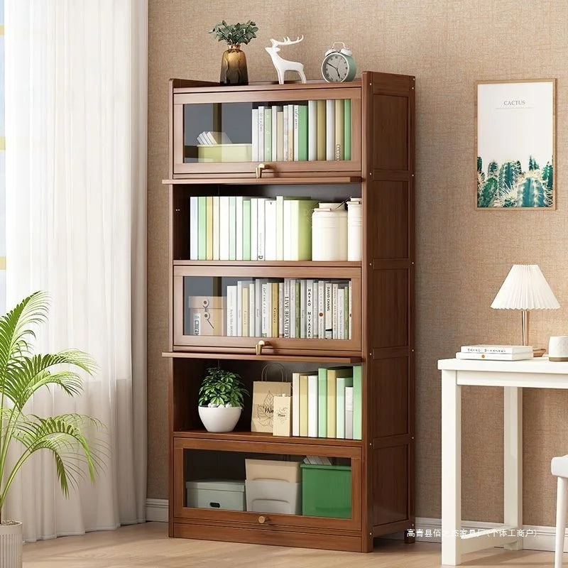 Modern Bamboo Bookshelf Storage Cabinet with Flip Doors 4/5/6 Tier Bookcase for Living Room Bedroom Office