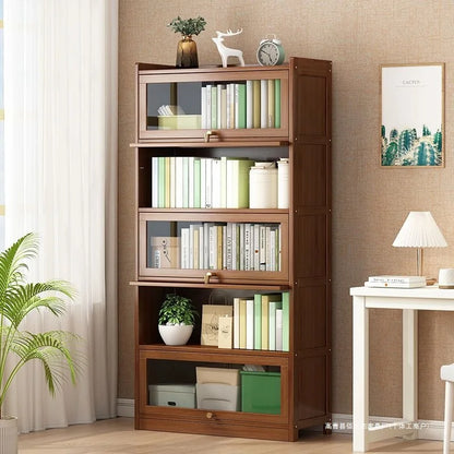 Modern Bamboo Bookshelf Storage Cabinet with Flip Doors 4/5/6 Tier Bookcase for Living Room Bedroom Office