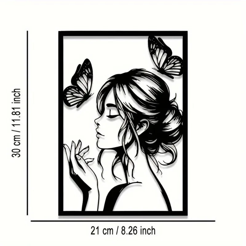 Metal Wall Art with Woman & Butterfly – Elegant Framed Decor for Room, Patio, Terrace, Perfect Gift for Her