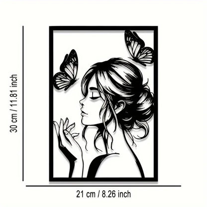 Metal Wall Art with Woman & Butterfly – Elegant Framed Decor for Room, Patio, Terrace, Perfect Gift for Her
