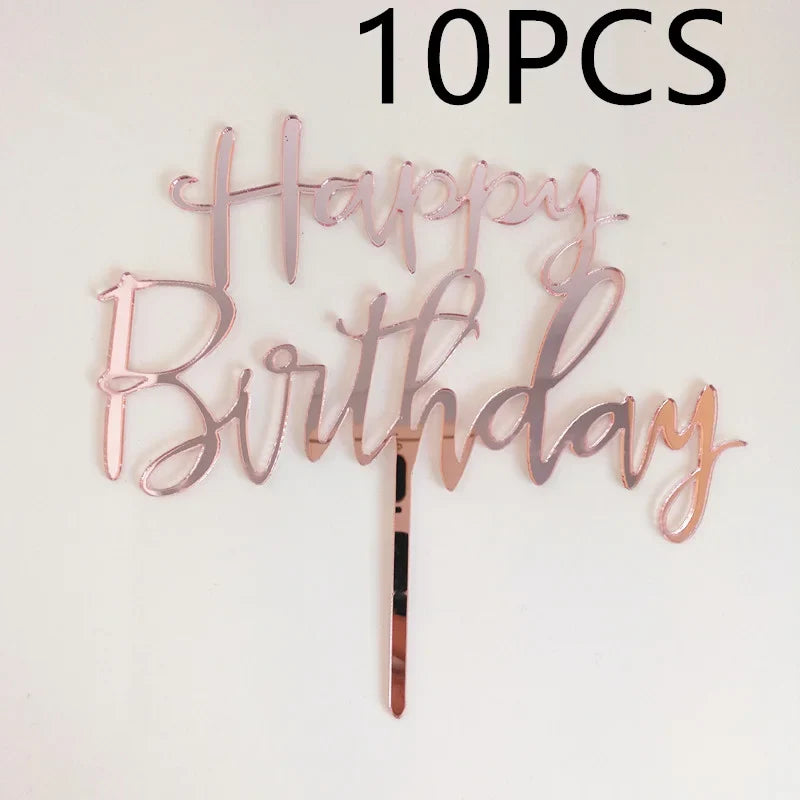 10 Pcs 1 Set Acrylic Happy Birthday Cake Topper Gold Silver Simple Design Kids Birthday Party Cake Toppers Dessert Decoration