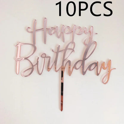 10 Pcs 1 Set Acrylic Happy Birthday Cake Topper Gold Silver Simple Design Kids Birthday Party Cake Toppers Dessert Decoration